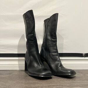 Pegabo Classic Black Leather Mid-Calf Heeled Boots